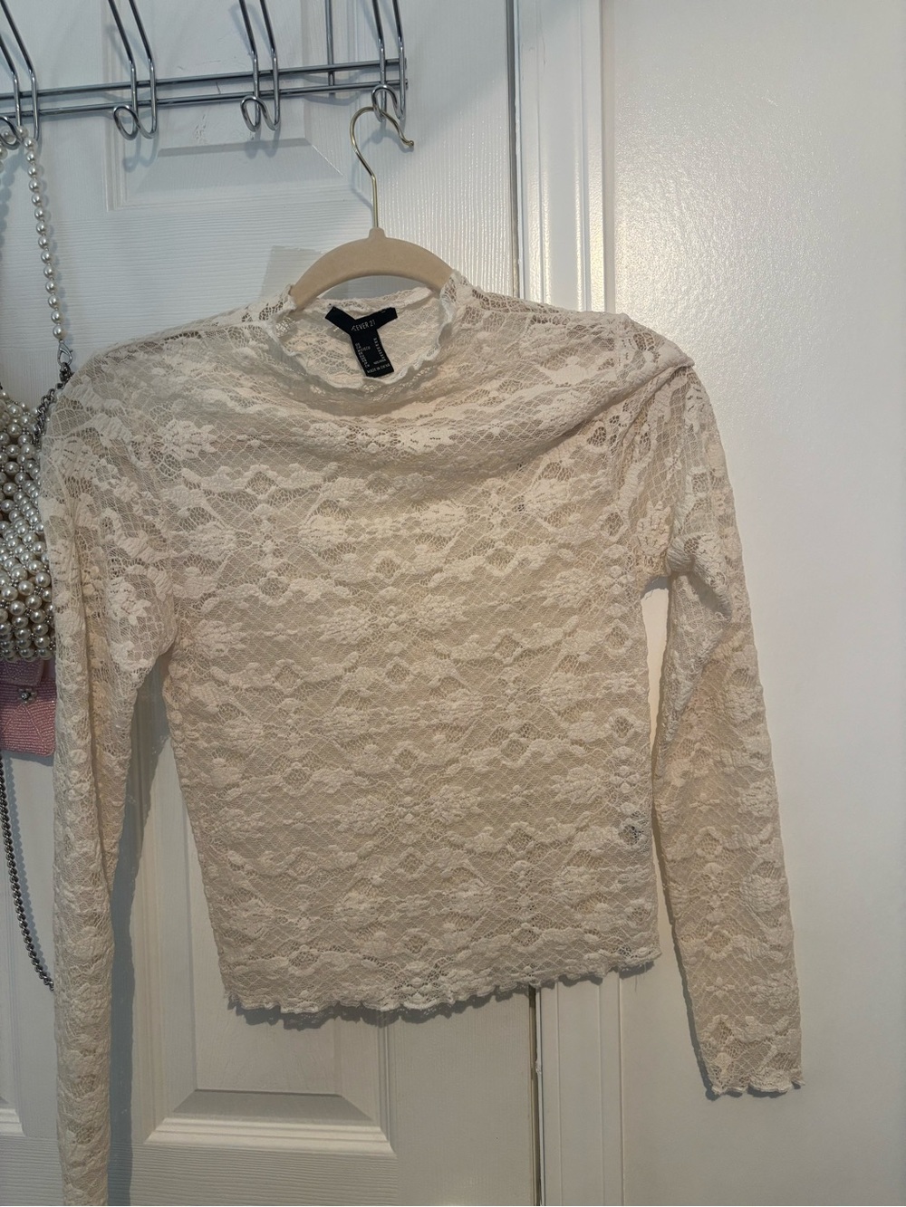Forever 21 Cream Lace Long Sleeve Mock Neck Top